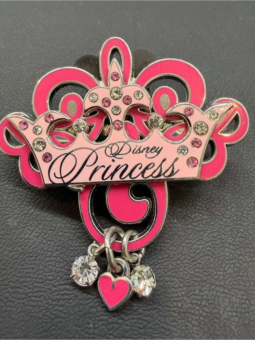 Disney Pink Princess Crown Charm Pin with Dangling Heart & Crystals